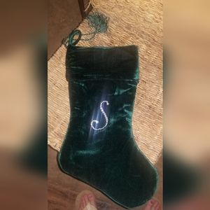 Green velvet stocking with the Rhinestone "S" on the front
